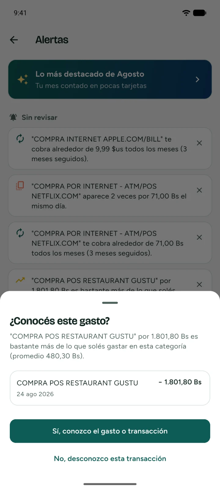 Una alerta que pregunta si conocés un gasto